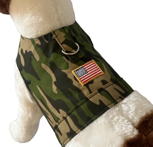 Camouflage Dog Shirt/Harness with American Flag. Handmade. Mulitple sizes (L)