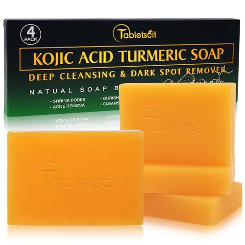 Tabletscit Kojic Acid Turmeric Soap, Deep Cleansing and Dark Spot Remover, Natural Gentle Skin Lightening Soap Bars with Vitamin C, Turmeric, Hyaluronic Acid, Vitamin E, For All SkinTypes (4Pack)