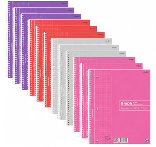 Image of Emraw Quad Ruled Notebook Spiral with White Paper - Set Includes: Blue, Black, Yellow, & Green Covers (12 Pack)