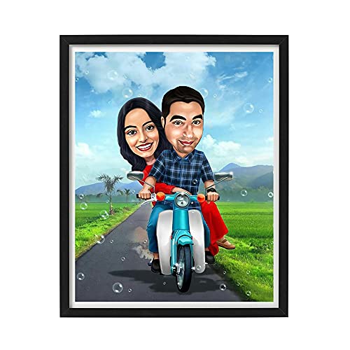 Image of DK Decors Personalized Caricature Photo Frame Custom Cartoon Portrait from Photo, Bike Riding Road Gift for Couple, Husband & Wife (8x10 Inch)