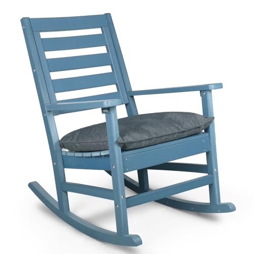 HOPUBUY Patio Rocking Chair Outdoor with Cushion, HDPE Patio Rocking Chair, All Weather Resistant Rocker Chair for Porch Garden Yard Living Room,Blue