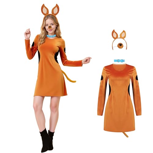 GQWSTP Women Puppy Dog Costume Dress Set Dog Ears Headband Tail Nose Collar Adult Halloween Animal Cosplay Party Supplies L