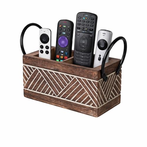 Image of Craft Expertise 2 Compartment Remote Control Holder Stand for TV & AC - Wooden & Iron Remote Organizer for Table, Sofa & Bedside | Rustic Brown Decorative Remote Caddy | Size 8 x 4 x 6.5 Inches