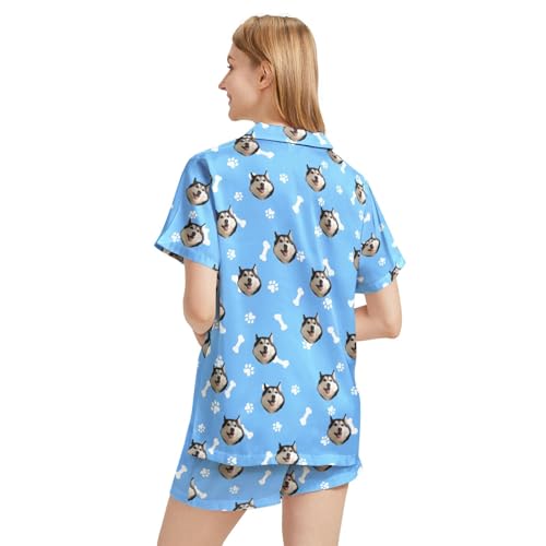 Image of Funny Satin Pajamas Set for Women Button Down Sleepwear Print Pjs Set 2 Piece Short Sleeve Loungewear Gift for Women