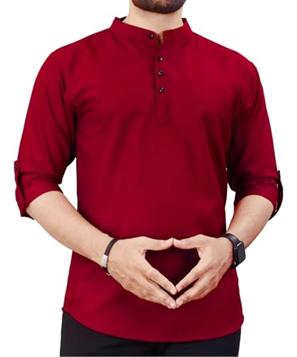 Image of DEEMOON Men's Regular Fit Solid Sprad Collar Casual Shirt with a Trendy Mandarin Collar Crafted from a Premium Cotton Blend