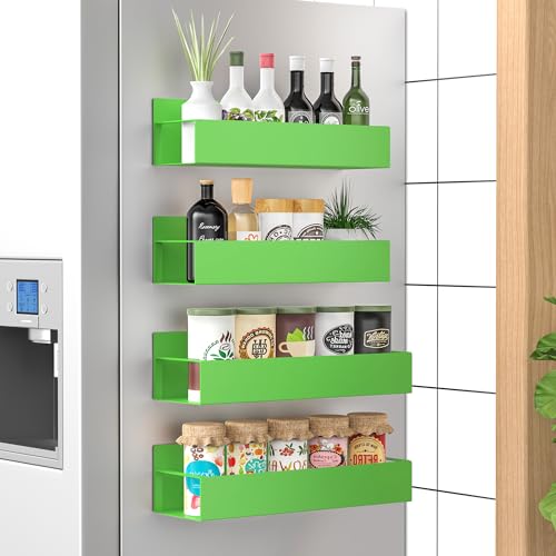 Image of HuggieGems Metal Magnetic Spice Rack for Refrigerator Green, 4 Pack | Magnetic Shelves Heavy Duty for Fridge in Kitchen, Seasoning Storage Organizer, For Oven Washer and Dryer, For Heavier Items