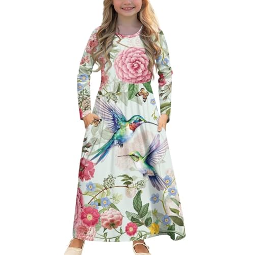 JEOCODY Floral Hummingbird Girls Dress Casual Long Sleeve Dress Size 5 6 Soft Kids Dress Flowy Swing Long Maxi Dress with Pockets Fall Swing Clothes A-Line Summer Holiday Long Dress