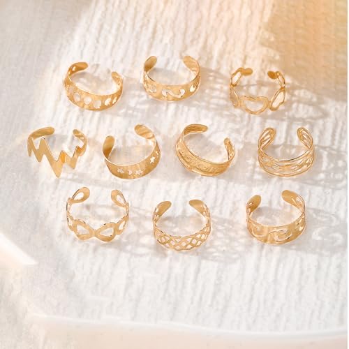 Image of 12PCS Toe Rings for Women 14K Gold /Silver Plated Adjustable Toe Ring Set Open Heart Arrow Infinity Rings Beach Foot Jewelry for Summer