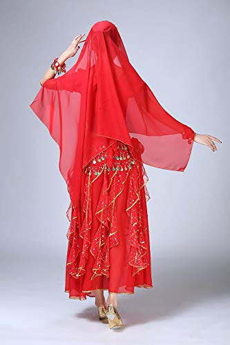 ORIDOOR Women Belly Dance Dress Indian Bollywood Halloween Costume Chiffon Skirts Shiny Belly Dance Suits 5-Piece Outfit, 004 Red, One Size - Thumbnail 7
