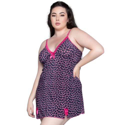 Camisola Plus Size Bella Fiore Estampada Feminina Liganete Com Laço Roupa de Dormir Tamanho:56;Cor:R