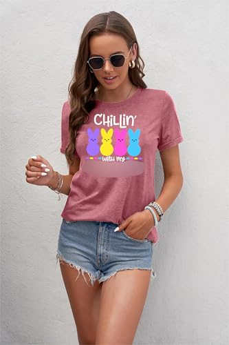Women Happy Easter T Shirt: Bunny Rabbit Graphic T-Shirt Funny Chillin with My Shirts Short Sleeve Tops(Pink2, Small) — view 4