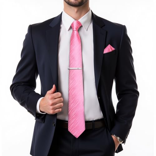 Image of DiBanGu Mens Silk Necktie Solid Color Tie and Pocket Square Cufflink Tie Clip Set Woven Plain Ties for Men Wedding Party