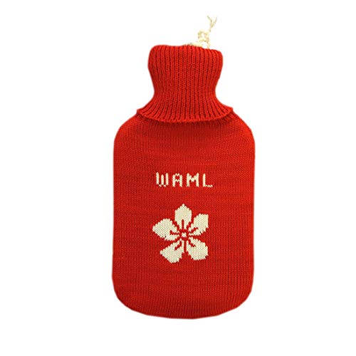Bouillotte personnalisée 100% laine mérinos tricotée rouge blanc fleur thermorégulatrice