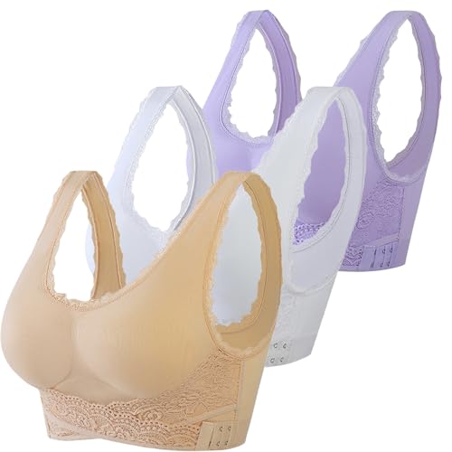3 sujetadores sin aros para mujer acolchados básicos, sujetadores en forma sin costuras cómodo busto espalda descubierta cuello en V sujetador embarazo ligero bralette gimnasio correas ajustables, V1+