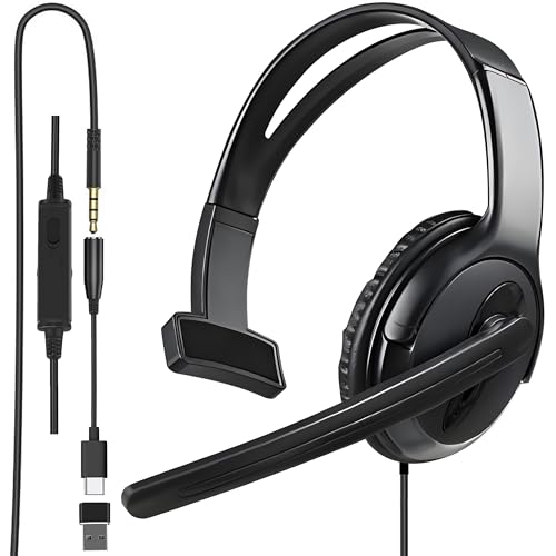 One Ear Gaming Headset with Mic (3.5mm) - Lightweight Single Ear Headset for PS5, PS4, Xbox, Switch, PC, Mac, iPad, Tablet - Includes USB-C & USB-A Adapters - Gaming Chat, Remote Work & Business Calls
