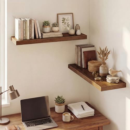 Image of Dreamland 32 Inches Floating Shelves for Wall, 9.3 inch Deep Long Floating Shelves Set of 2, Large Display & Storage Shelf, Wall Shelf for Bathroom Bedroom Living Room Kitchen Office, Walnut
