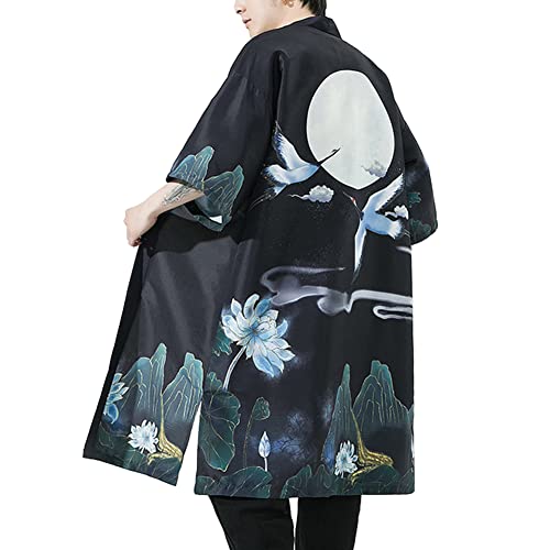 Image of HAORUN Men Japanese Kimono Coat Loose Yukata Outwear Long Bathrobe Tops Vintage