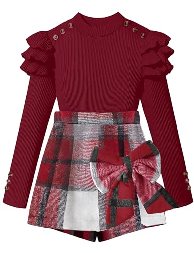 Image of Girls Clothes 2 Piece Ruffle Long Sleeve Shirt Top and Bow Plaid Skirt Set Girls Fall Winter Outfits 6-16 Years