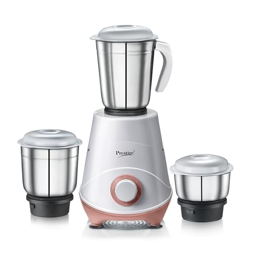 Prestige 500W Nexus Mixer Grinder with 3 Stainless Steel jars|1200ml Wet Jar,800ml dry jar, 400ml chutney jar|3 Super-efficient Blades|3 motor setting|Sturdy Handles |2 Yrs Warranty|White & Rose Gold