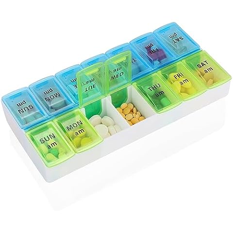 Weekly Pill Organizer 2 Times A Day 7 Day Pill Box Holder Large Daily Medicine Organizer Travel Pill Case Pill Container (2 Times Blue+Green) Cover