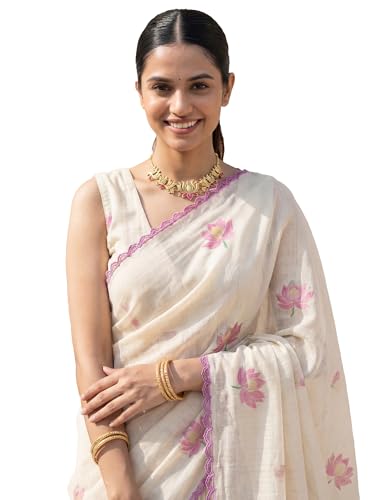 Image of AKHILAM Women's Shimmer Off White Chanderi Cotton Floral Hand Paint Embroidered Lace work Saree With Unstitched Blouse Piece | saree for woman | Designer Saree for Women | Soft and Skin Friendly