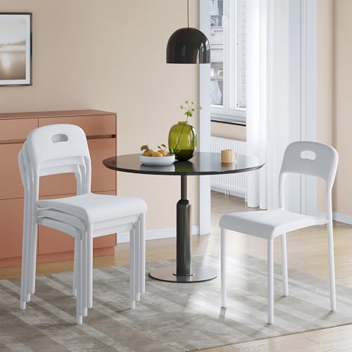 GarveeHome Dining Chairs Set of 4, Stackable Modern Kitchen Chairs, Plastic Dining Room Chair with Metal Legs, Easy Assembly, Waterproof & Stain-Resistant, Suitable for Indoor and Outdoor, White