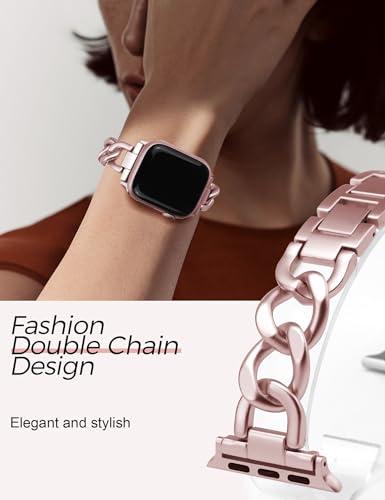 Image of JR.DM Pink Watch Bands for Women Compatible with Apple Watch 38mm 40mm 41mm 42mm(S10 /11) Adjustable Metal Cowboy Steel Single Chain Bracelet for iWatch Series 11 /10 /9 /8 /7 /6 /5 /4 SE 3 /2 /1(No Case)