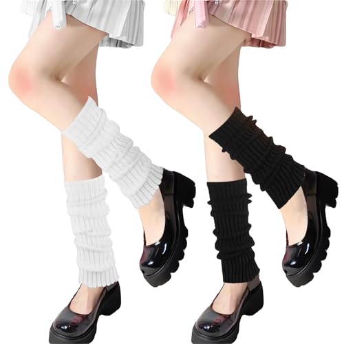 YUWJOOWEE 2Paar Beinwärmer für Damen, Modische Strick-Beinwärmer-Socken im 80er, 90er Jahre-Stil Stulpen für Damen, Stulpen Schwarz Beinwärmer für Partys, Ballett, Tanzen und Sport (Schwarz, Weiß)
