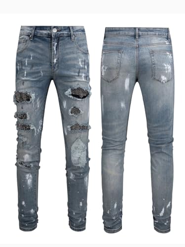 Jeans Pants Trousers Denim Black Patch Paint Design Men's Street Piercing Slim Fit Stretch Men4