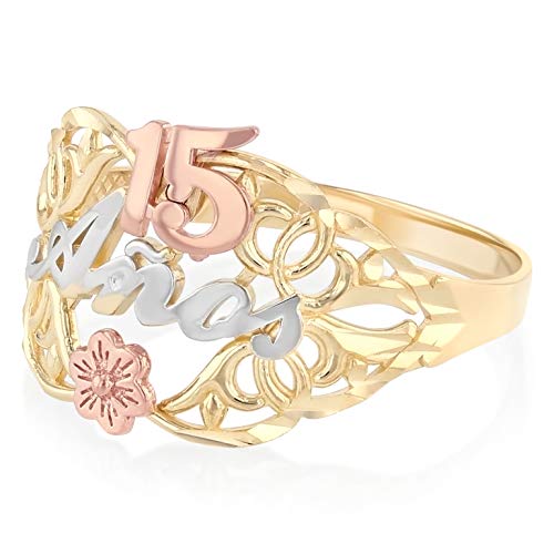 Ioka -14K Solid Tri Color Gold Sweet 15 Anos 15 Years Birthday Quinceanera Flower Ring2
