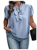 Verdusa Women's Plus Size Work Blouse Bow Tie Neck Petal Sleeve Blouse Office Work Shirt Top Blue 3XL