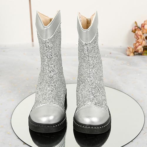 Glitter Cowboy Boots for Girls Kids Western Low Heels Mid Calf Boots with Zipper Winter Soft Sole Warm Sequin Long Booties for Party3