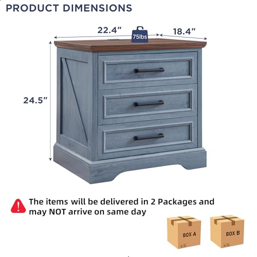 Image of ACCOHOHO Farmhouse Nightstands Set of 2, 22 Inch Wide End Table with Charging Station & 3 Large Drawers, Rustic Wood Small Dresser Chest of Drawers for Bedroom, Living Room, Blue
