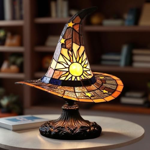 Image of Witch Hat Lamps, Handcrafted Stained Glass Resin Wizard Hat Light Gothic Table Lamp for Halloween Decor, Spooky Night Light for Bedroom and Indoor Parties, Unique Wiccan Gift