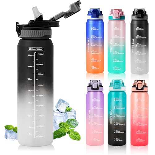 SEASEVEN Sports 1L Water Bottle with Straw,Plastic Drinks Bottle,1 Litre Water Bottles with Time Markings,Waterbottle Leak Proof-Bpa-Free for Gym,School, Office,Travel (Black-White)