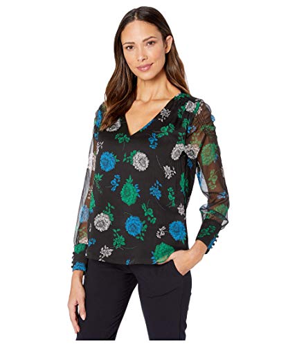 Vince Camuto Long Sleeve Smocked Shoulder Sleeve Floral Lagoon Blouse Rich Black XS