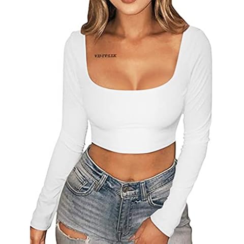 XXTAXN Women's Sexy Bodycon Fitted Square Neck Long Sleeve Basic T-Shirt Crop Top White Cover