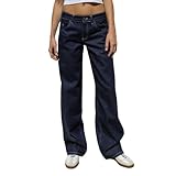 Jeans Damen Weites Bein Freizeithose High Waist Regular Fit Denim hose Retro Geradem Bein Jeanshosen Elegant bequeme Straight Leg Lange Pant Casual Einfarbig Hosen Knopf mit Taschen Hose, marine, L