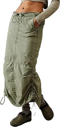 GenericWomen Cargo Long Skirt Low Waist Drawstring Skirt 90s Vintage Harajuku Midi Skirt with Pockets