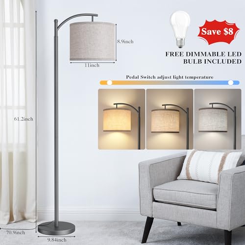 Image of Floor Lamp for Living Room with 3 Color Temperatures LED Bulb, Standing Lamp Tall Industrial Floor Lamp Reading for Bedroom, Office (9W LED Bulb, Beige Lampshade Included) -Grey