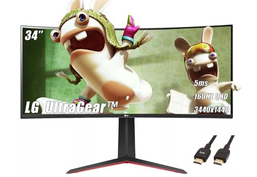 Image of LG Ultragear QHD 34 inch Curved Gaming Monitor, 21:9 (3440x1440) VA with HDR 10 Compatibility, 160HZ, 5ms, AMD FreeSync Premium, Black, with 5ave HDMI Cable