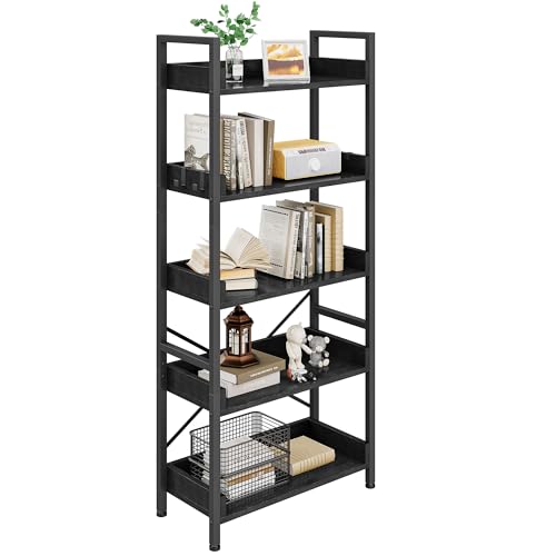 YITAHOME Librería de 5 Niveles, Estantería Industrial para Libros de Piso, Estante de Madera y estanterías con Marco de Acero Estable con 4 Ganchos para Sala de Estar, Oficina en casa, Negro - imagen 6