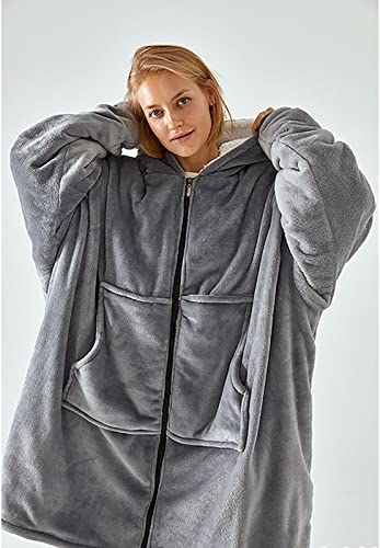 Wearable Blanket, Oversized Sherpa Sweatshirt Blanket for Women and Men with Zipper and Big Pockets, One Size Fits All Grey