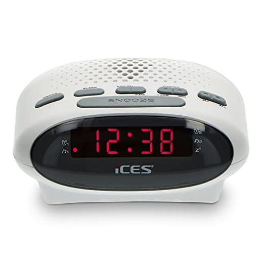 Ices ICR-210 White - Radio-réveil FM, tuner PLL-FM, haut-parleurs intégrés, radio-réveil, écran LED, double alarme, fonction snooze, blanc