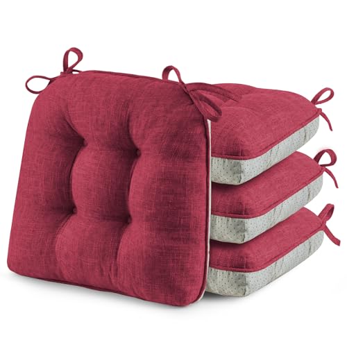 puredown Chair Cushions for Dining Chairs, Tufted Memory Foam Chair Pads with Non-Slip Backing, Kitchen Seat Cushions with Ties, Washable Pads Set of 4, 15.5" x 15.5" x 4", Wine