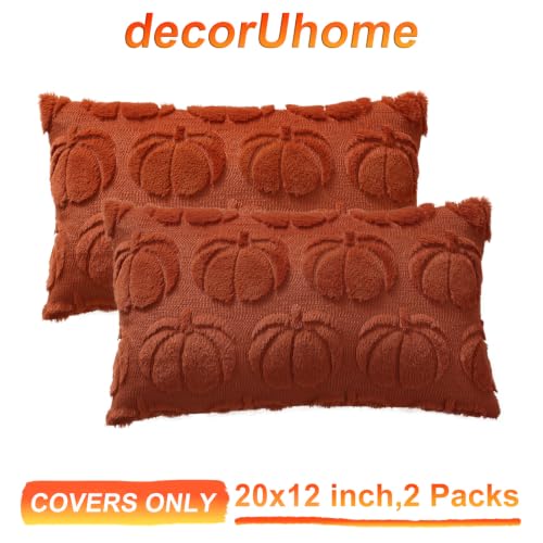 Image of decorUhome Fall Decorative Rust Pumpkin Throw Pillow Covers 12x20 Set of 2, Soft Faux Fur Plush Farmhouse Accent Pillow Cases for Couch Bed Sofa Autumn Harvest Halloween Holiday Home Decor