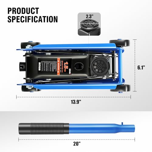 Image of DNA Motoring Low Profile Hydraulic Trolley Service /Floor Jack, 1.5 Ton (3000 lbs) Capacity, Lifting Range 5.5 inch-15.35 inch,Blue, TOOLS-00675-BL