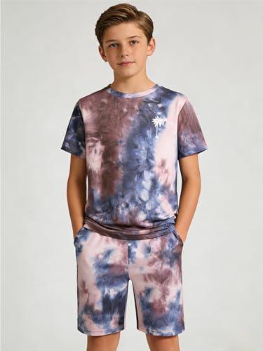 Image of Kid Toddler Baby Boys Clothes Tie-dye Palm Leaf Top 2Pcs Summer Shorts Set