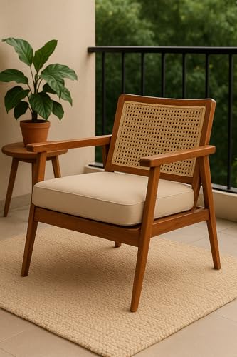 Image of Solid Wood Cane Lounge Chair | Handcrafted Wooden Armchair with Cushioned Seat | Premium Mid-Century Modern Accent Chair for Living Room, Balcony & Bedroom Honey Finish
