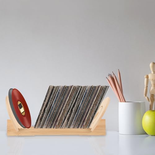 Estante para vinilos de madera beige premium con base ranurada y diseño limpio 7